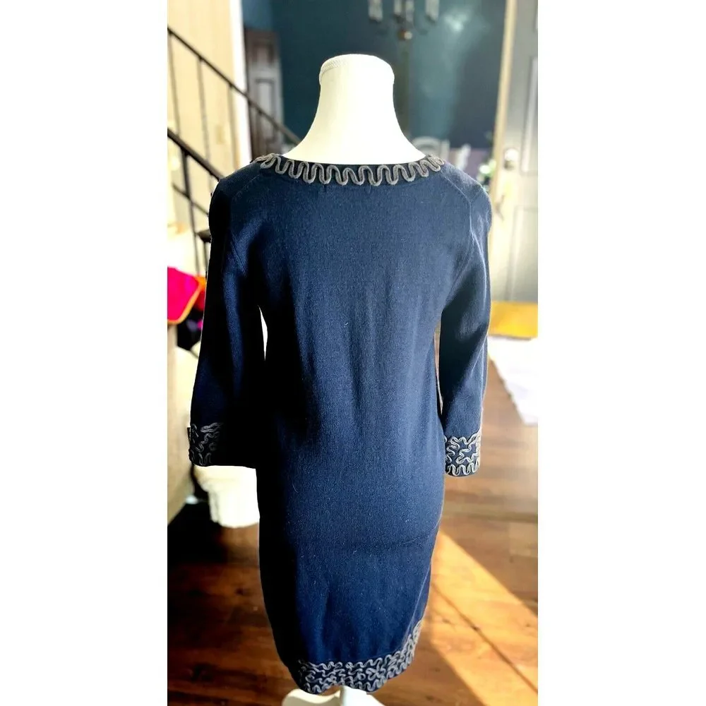 Boden Venice Sweater Dress Navy Wool Blend Embroidered‎ Ribbon Size U.S.  8R - Picture 2 of 8